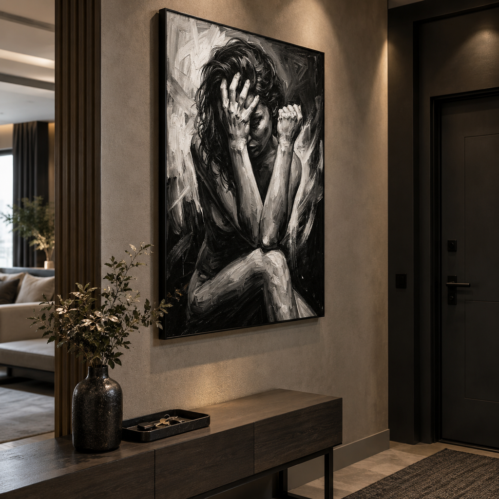 Monochrome art poster mockup in a neutral-toned room