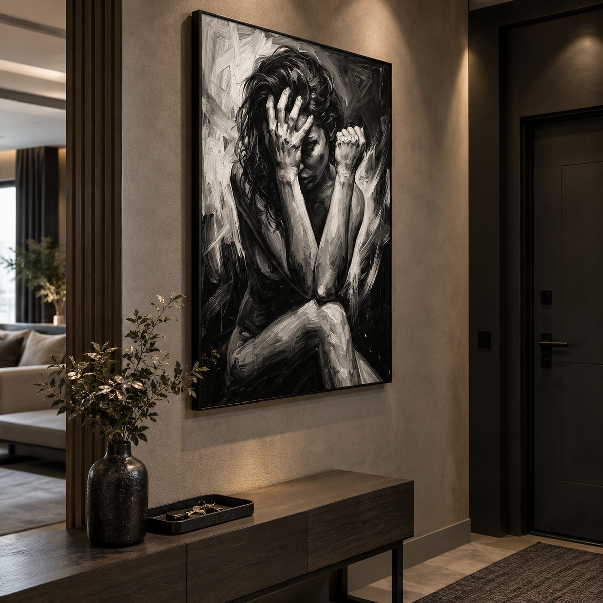 Monochrome art poster mockup in a neutral-toned room