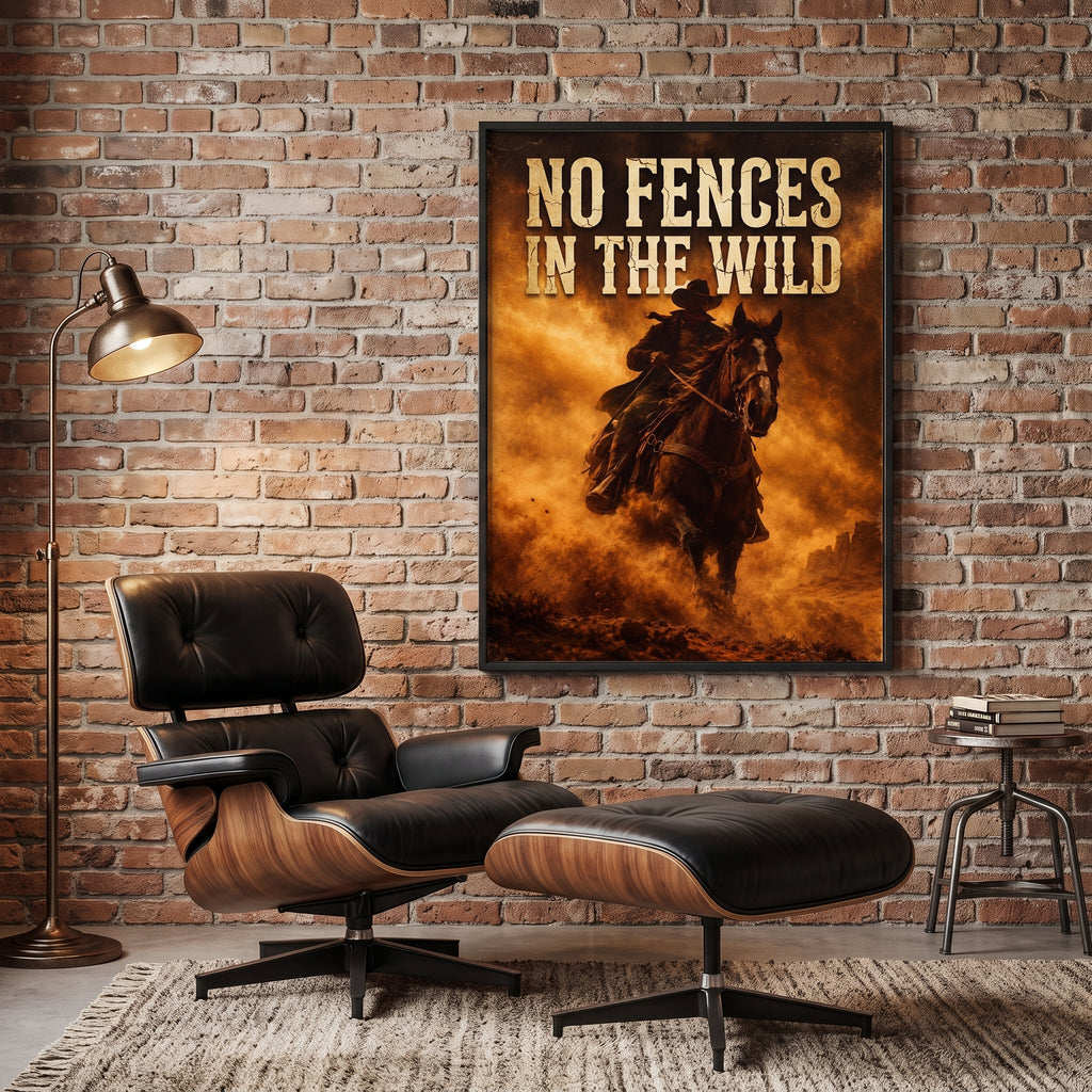 Cowboy on a galloping horse through desert dust, "No Fences in the Wild" western poster print