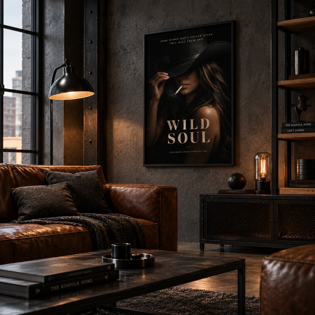 Cinematic black and bronze portrait print with sand-gold “WILD SOUL” lettering