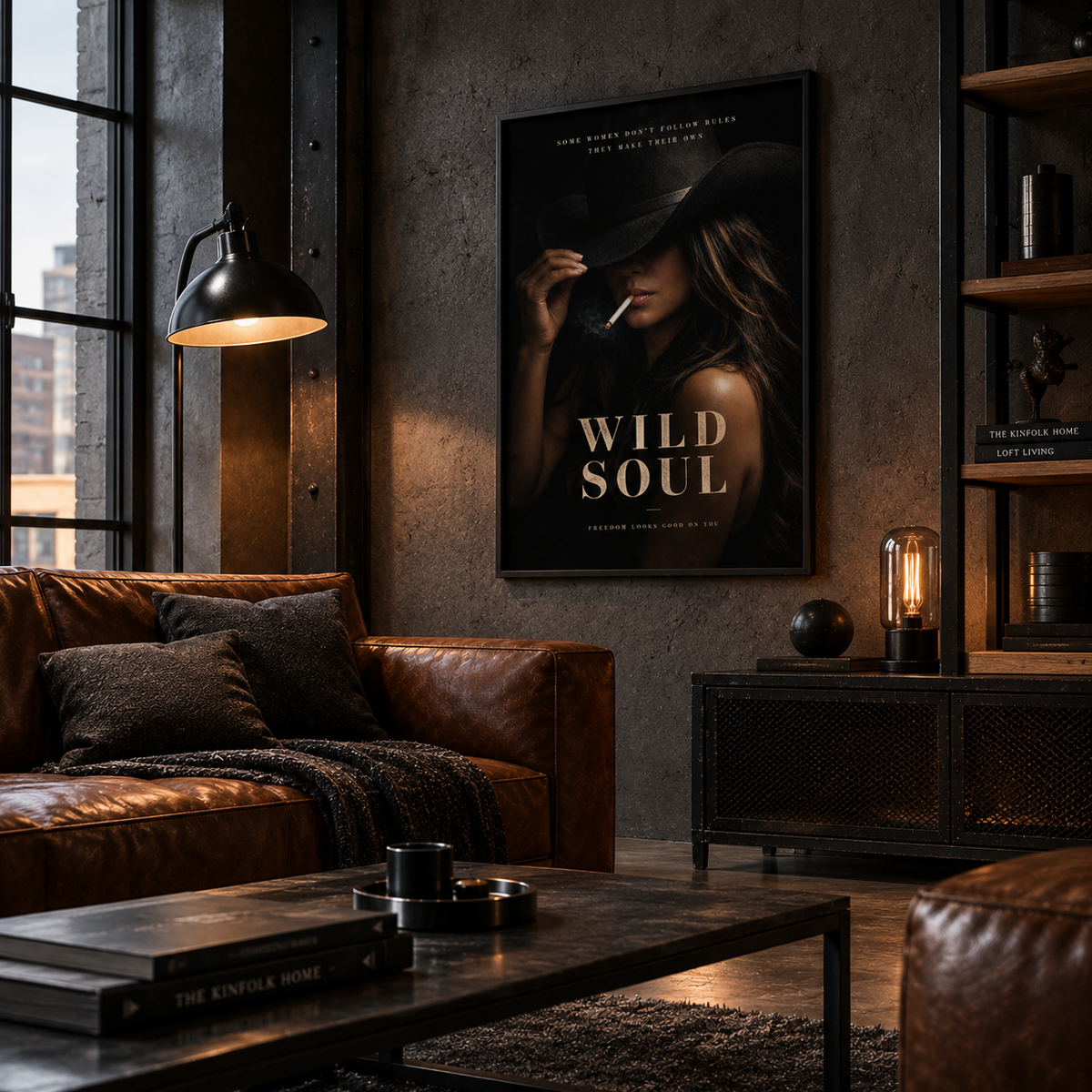 Cinematic black and bronze portrait print with sand-gold “WILD SOUL” lettering