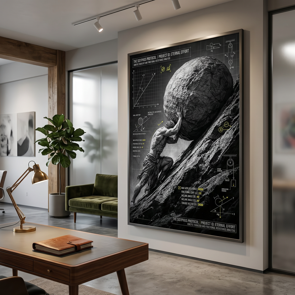 Masculine wall art print — Sisyphus dark poster, moody office wall decor, Greek mythology blueprint, 300dpi digital download