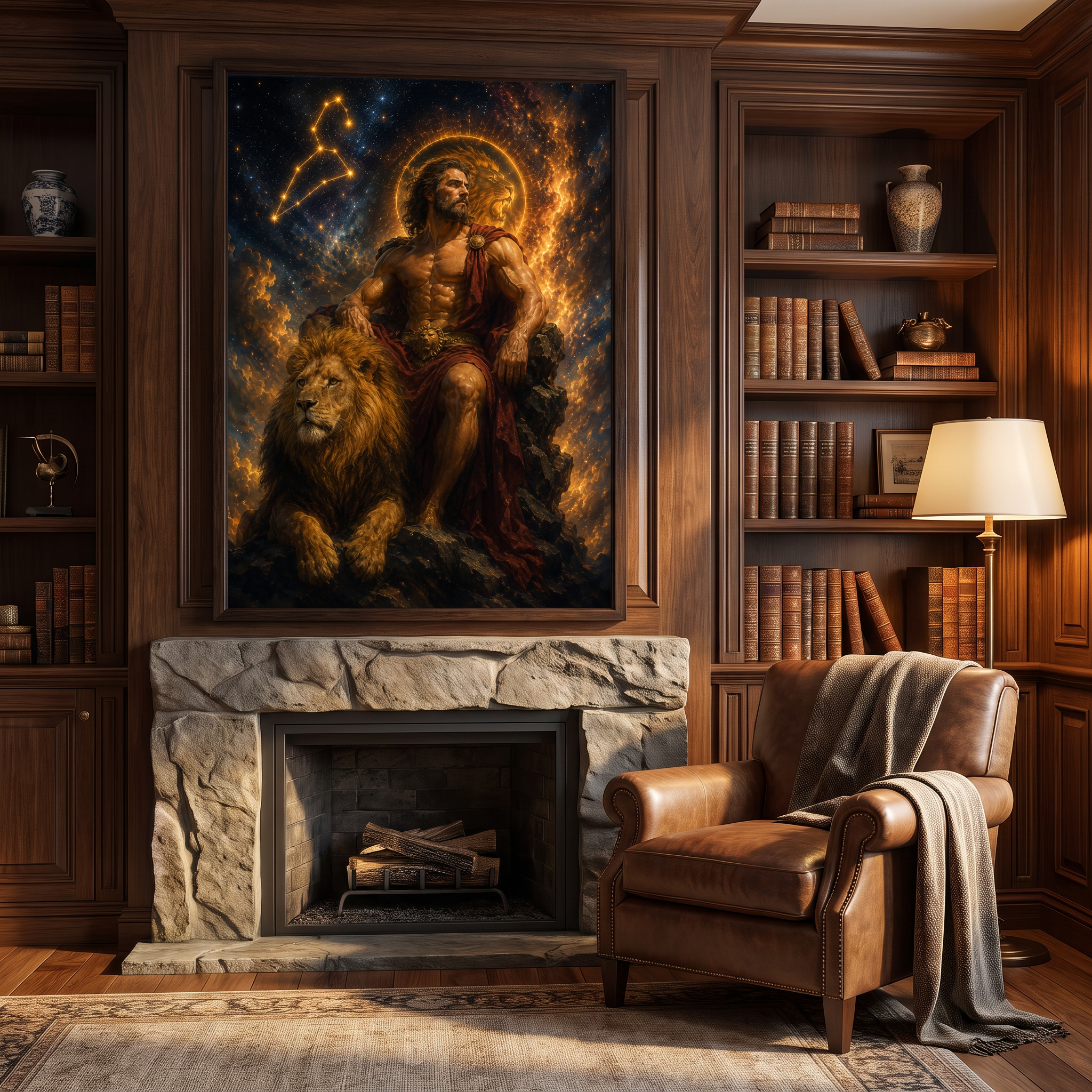 Zodiac wall art featuring Leo constellation and lion king portrait, ready to hang