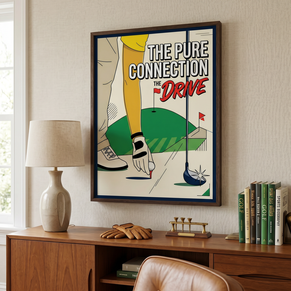Retro golf wall art print — bold pop-art illustration of the drive moment, cream and navy, ready to frame