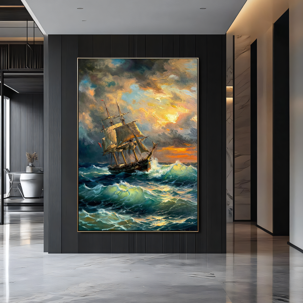 realistic sailing ship artwork in rough sea coastal decor
