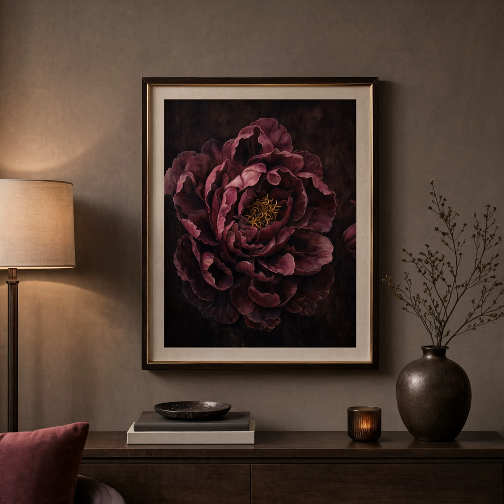 Close-up burgundy peony wall art print with ruffled petals and golden stamens at the center.