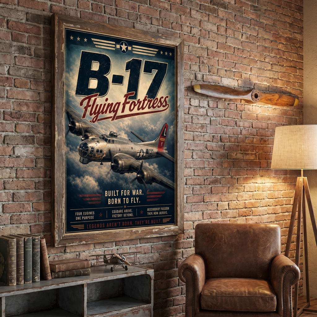 Man cave wall art – b17 bomber art poster, retro military decor, premium matte finish.