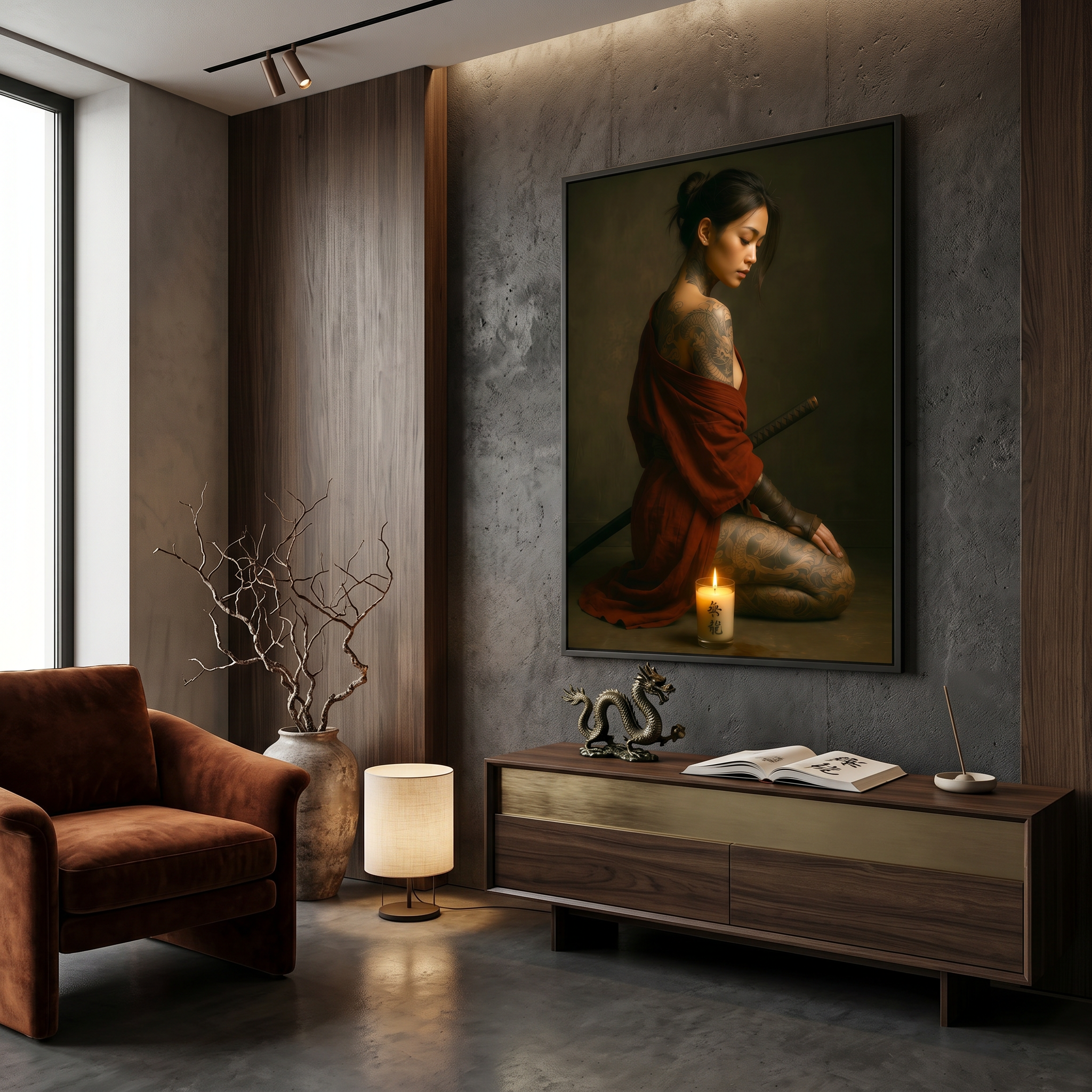 Japanese art print on dark wall — samurai woman red kimono, warrior woman art, premium matte poster