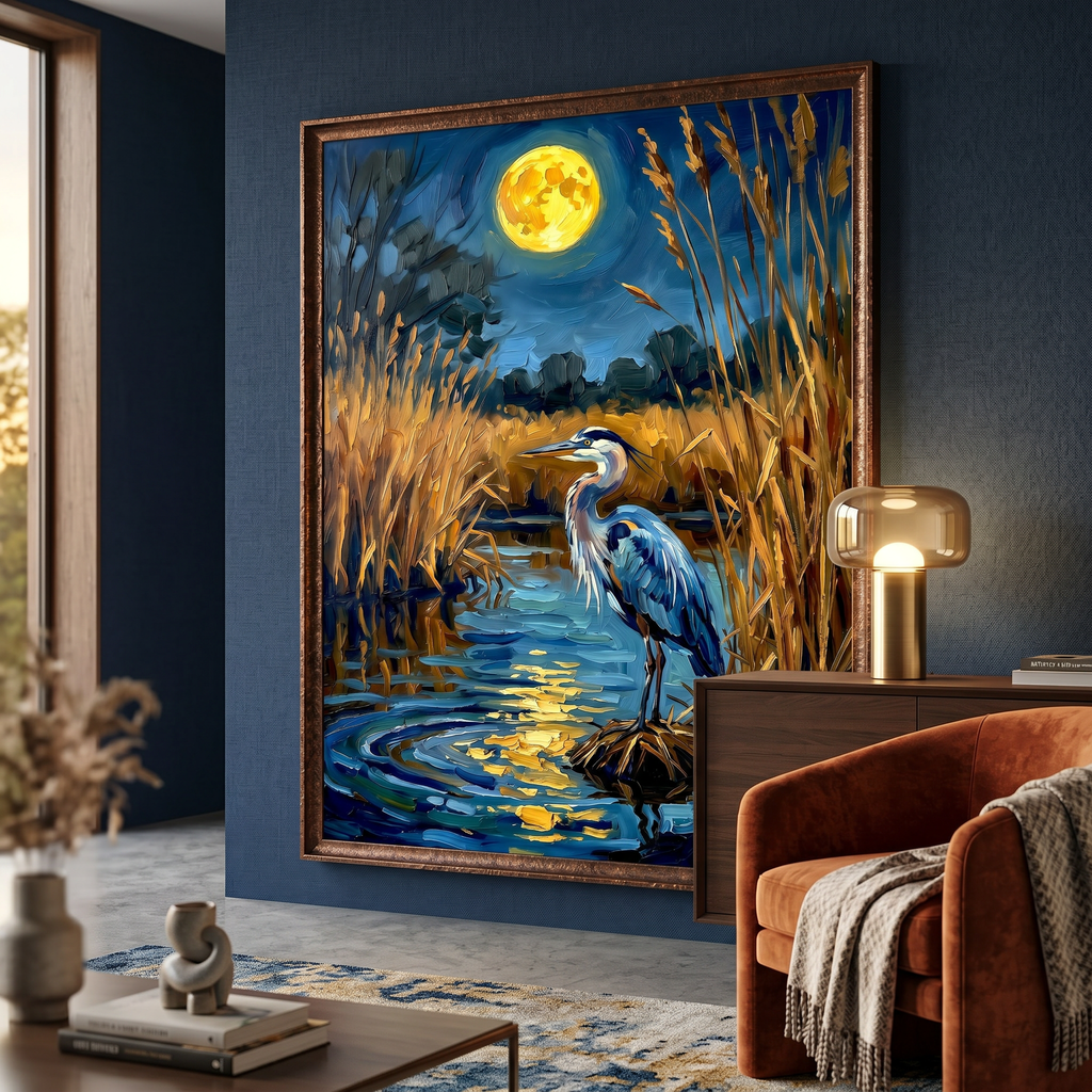 Heron art print — bird wall art in navy blue and amber gold, canvas or matte poster, multiple sizes available.
