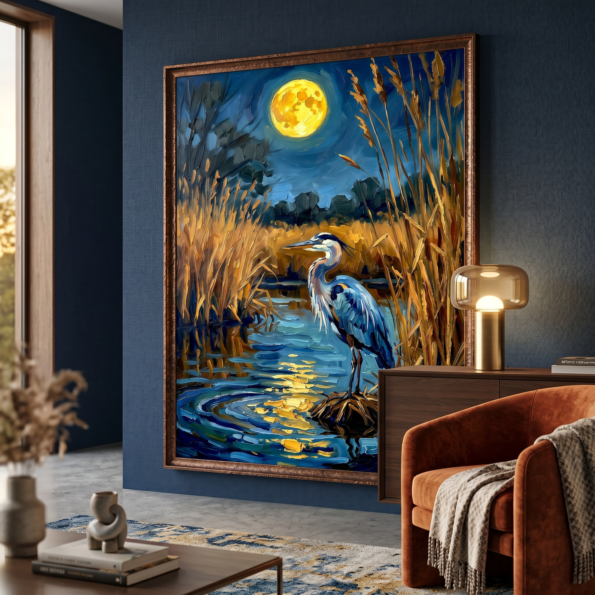 Heron art print — bird wall art in navy blue and amber gold, canvas or matte poster, multiple sizes available.