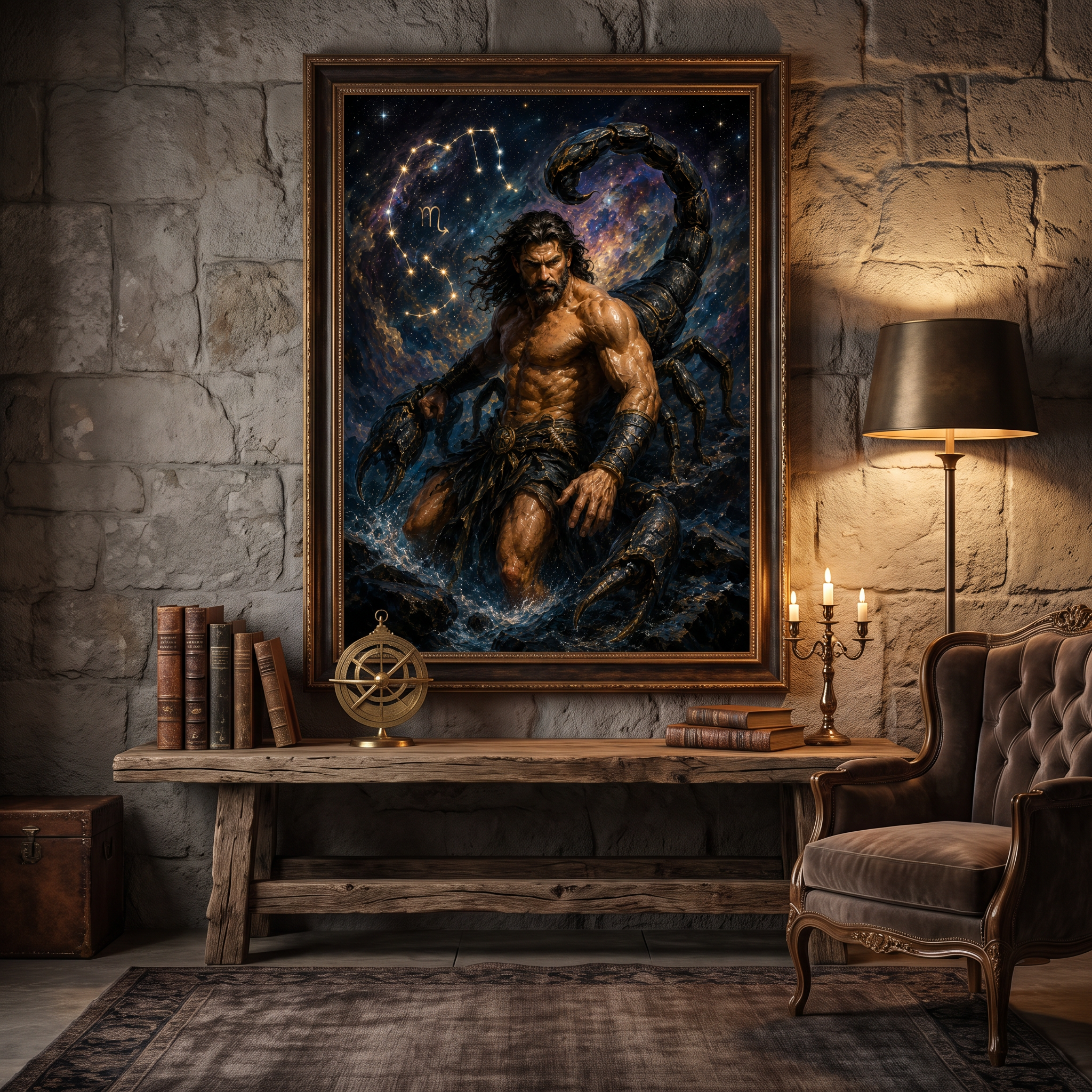 Scorpio zodiac man merges with scorpion tail under a starlit cosmic sky