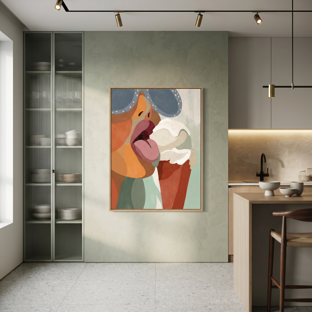 Close-up of pure pleasure — tongue meets softserve, graphic flat shapes, summer art that works all year