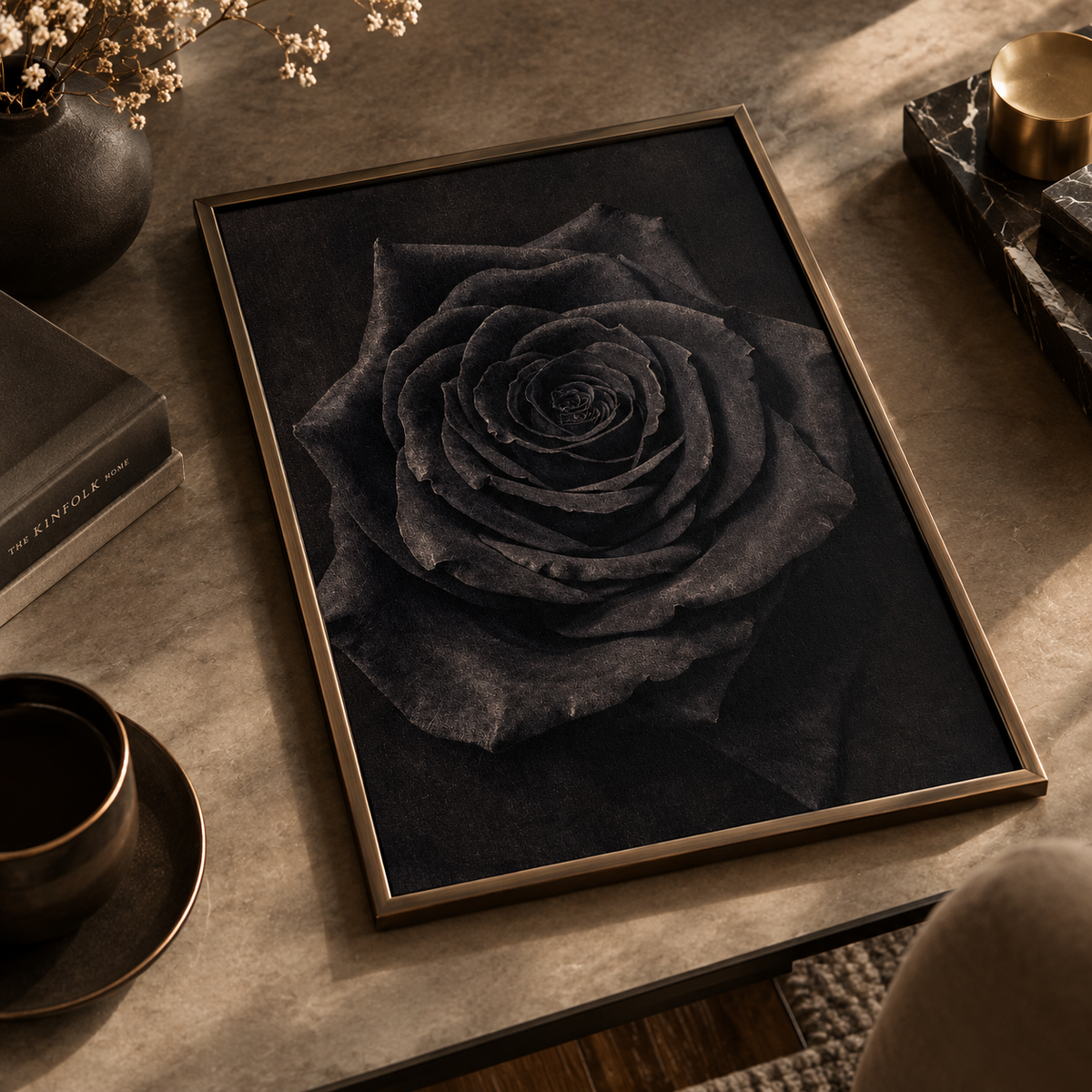 Close-up of a dark rose in chocolate brown and sepia tones with petals spiraling toward a small bud at the center, vertical rose art print