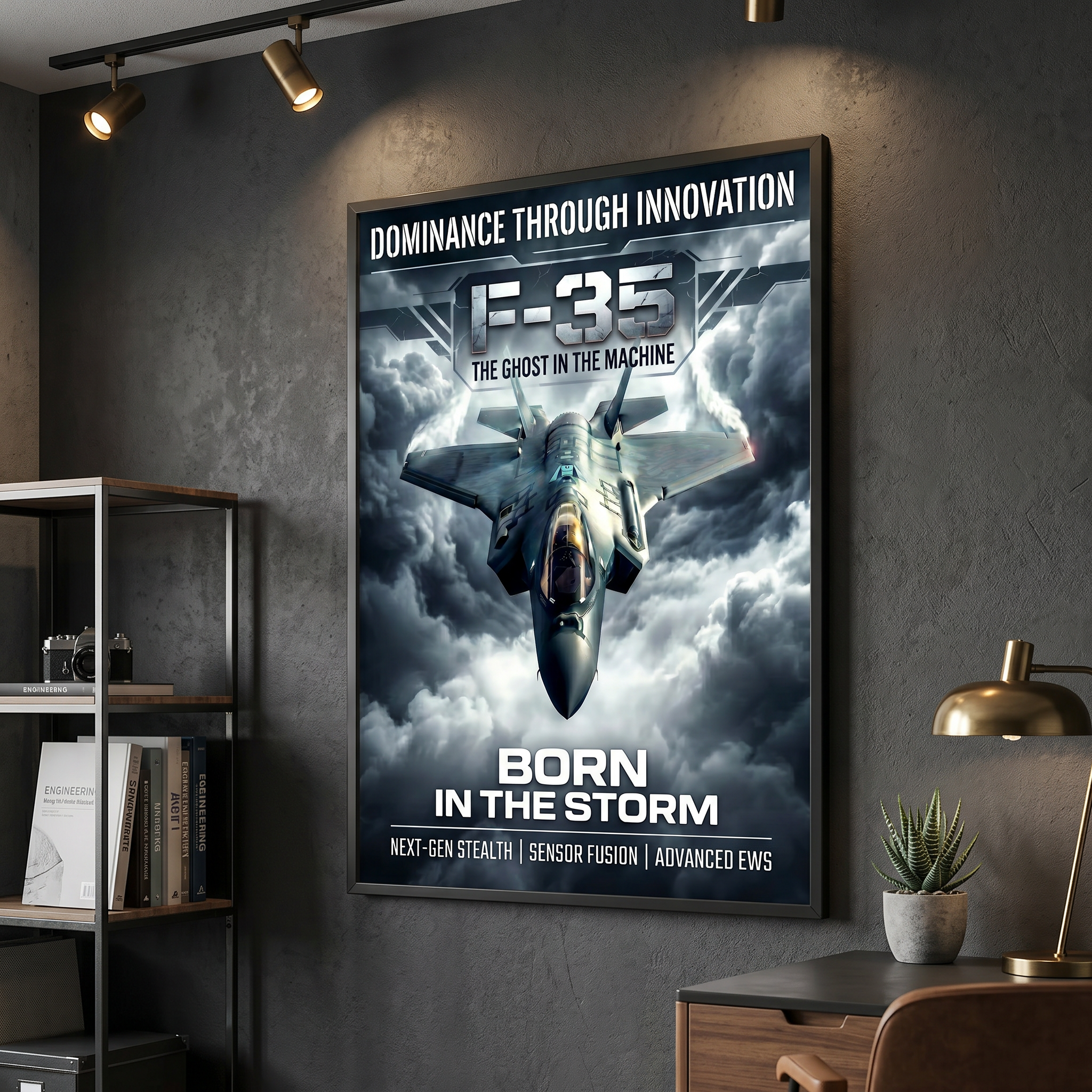 Stealth fighter jet descending through storm clouds — cinematic military wall art print, dark dramatic sky