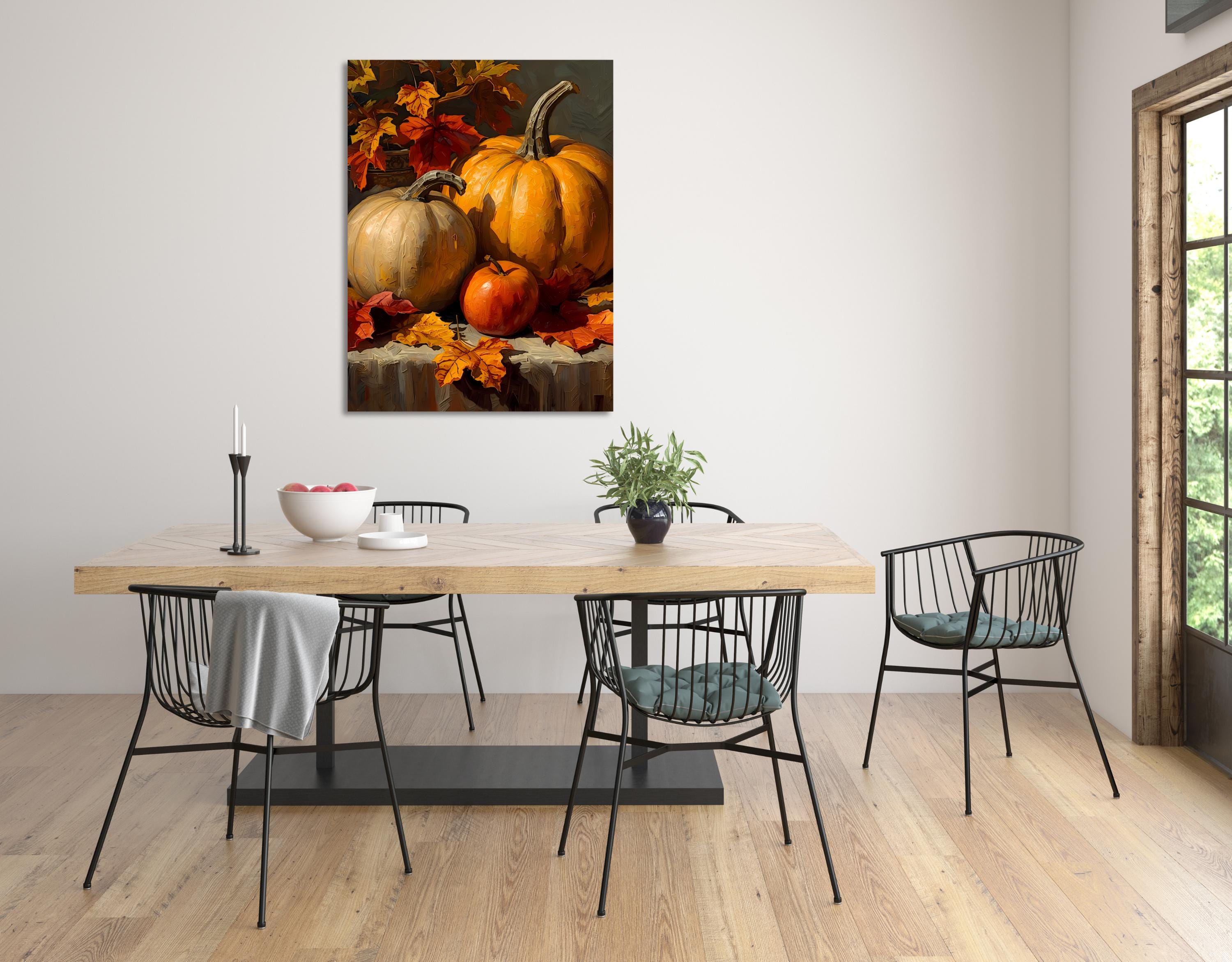 Rustic autumn still life painting with pumpkins, apple, and scattered orange and red leaves.