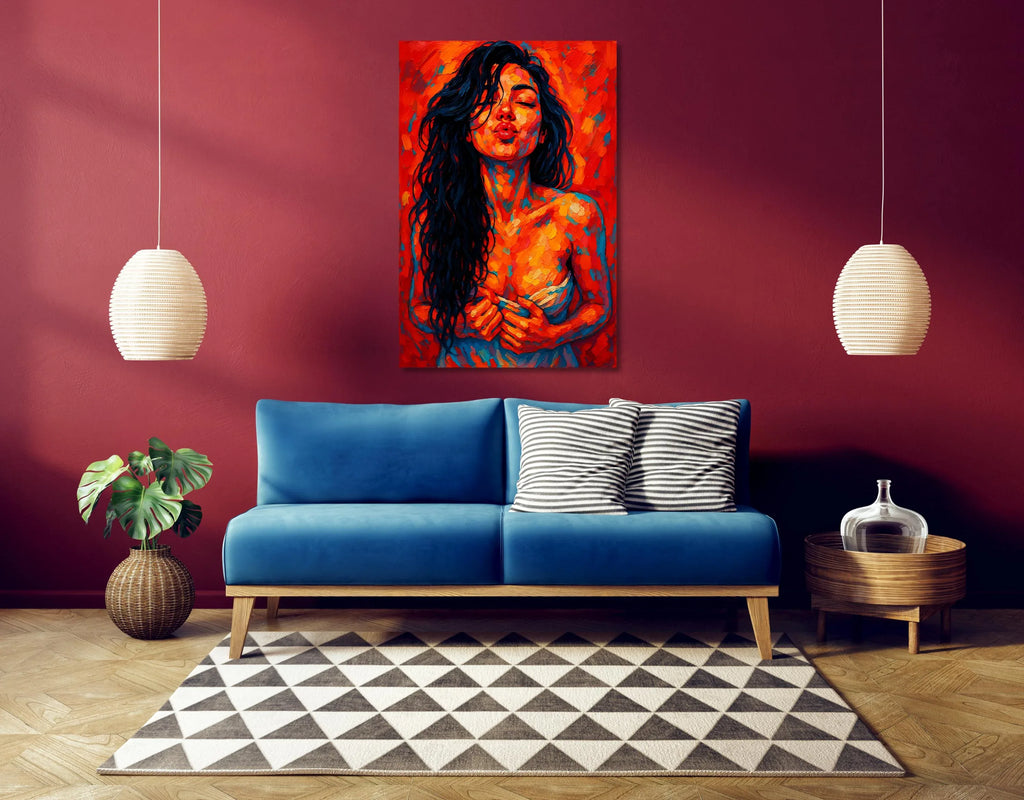 Abstract Kiss Portrait: Vibrant Expressionist Woman Art Print - AffinityArts 