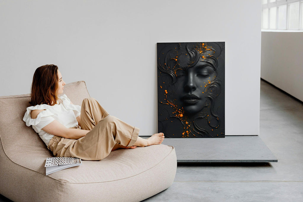 Abstract Black Face Canvas Art: Modern Orange Accent Painting AffinityArts