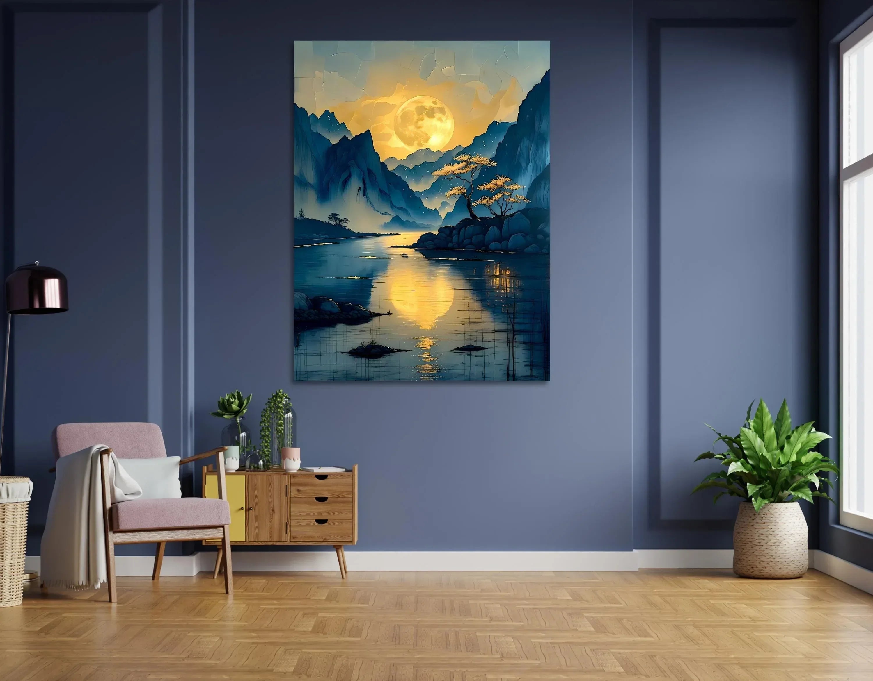 Moonlit Mountain River Canvas Art: Tranquil Asian Landscape Painting - AffinityArts 