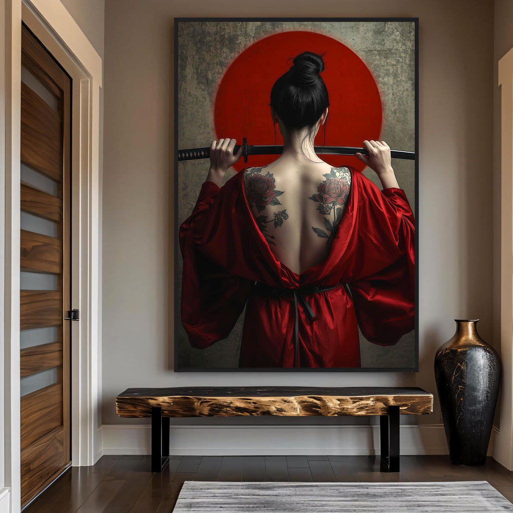 Sensual yet fierce: woman with open-back red dress revealing peony tattoos, holding katana horizontally