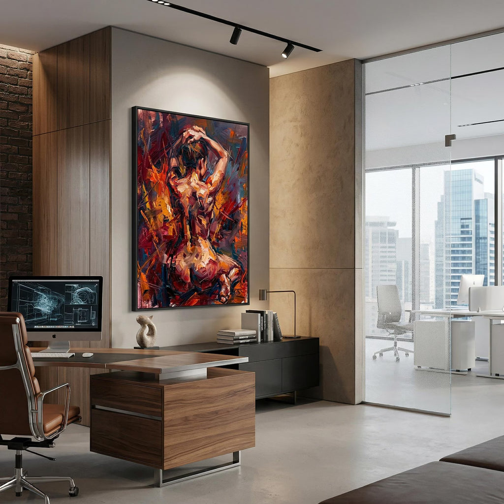 Abstract figure prints in multiple sizes side by side, canvas and poster format options for different wall spaces