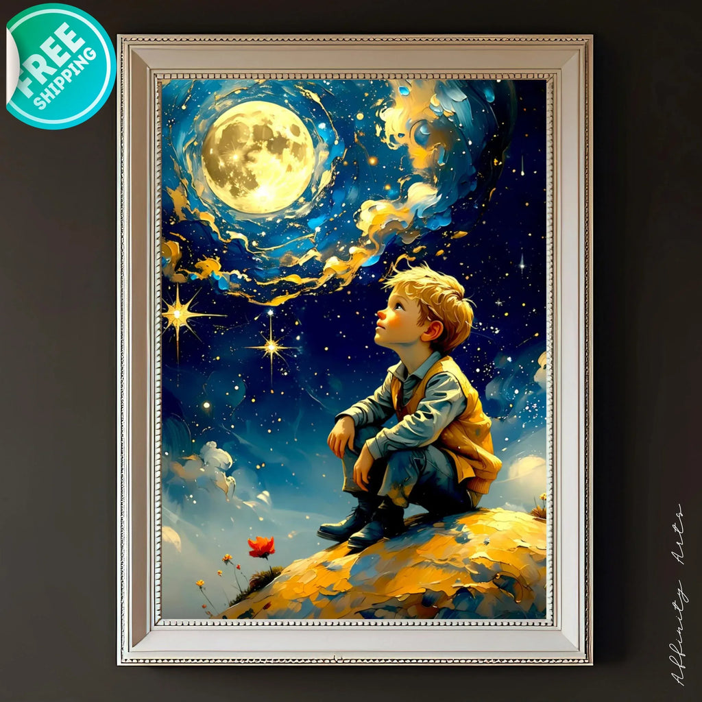Fantasy Moon Wall Art – Dreamy Boy Under Starry Sky Canvas Print - AffinityArts 