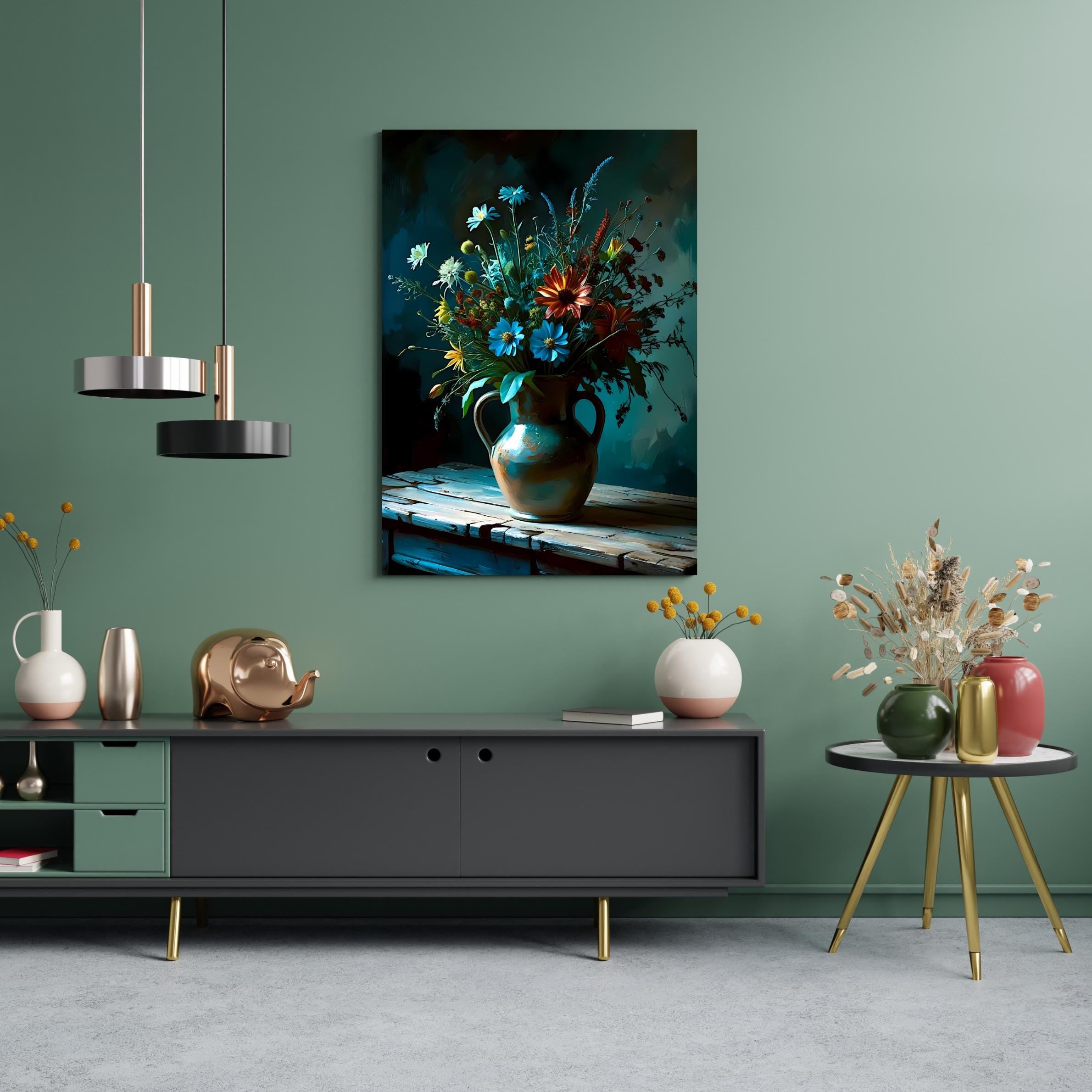 Close-up illustration of a lush floral arrangement featuring blue delphiniums, white chamomile, orange cosmos, and yellow coreopsis, spilling from an earthy amphora on aged timber.