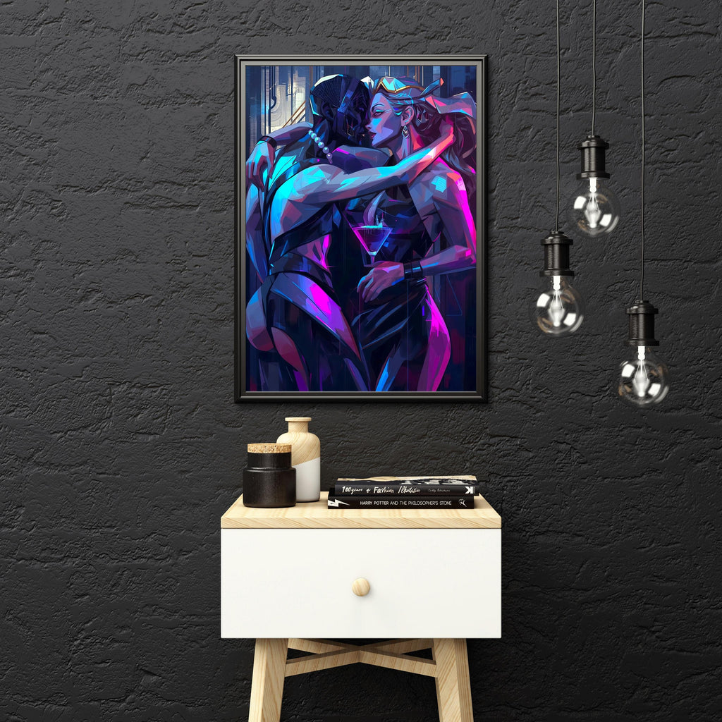 Futuristic urban romance scene with bold pink and blue lighting and geometric art style.