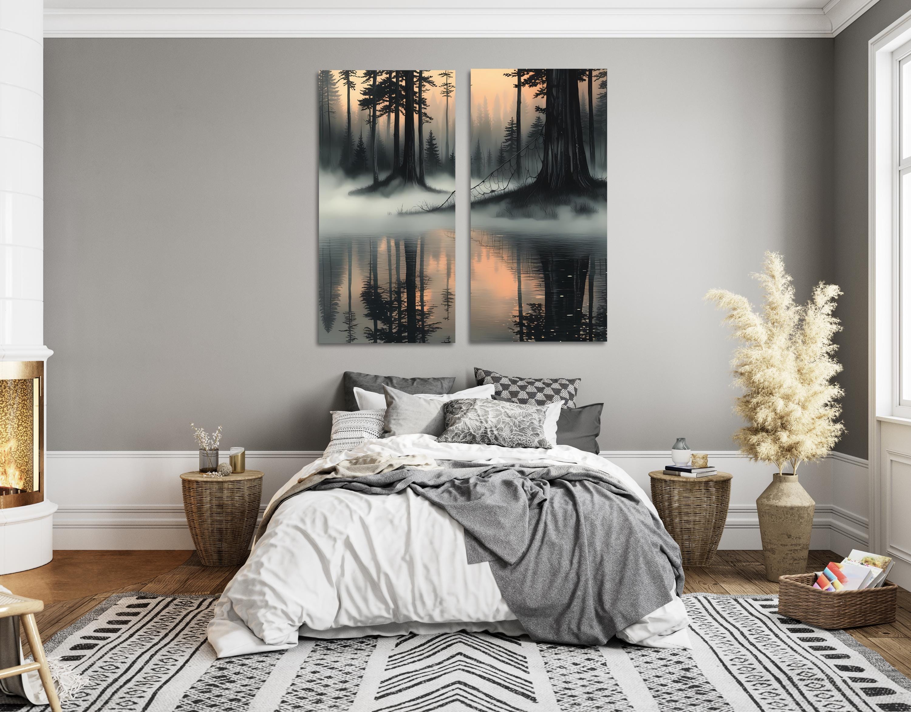 Canvas Wall Art Set – Misty Forest Lake Diptych Print, Foggy Pine Tree Landscape Posters AffinityArts