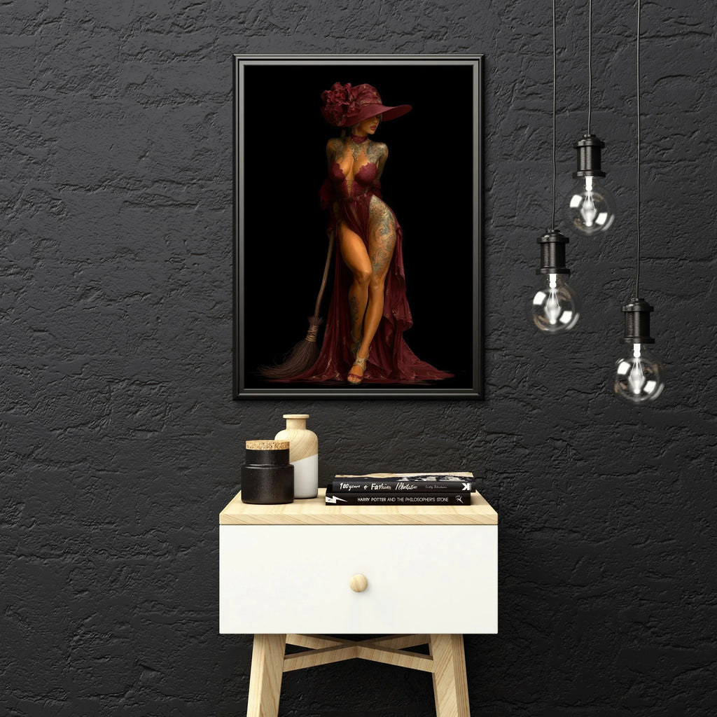 Elegant Witch Art Print | Burgundy Gown, Fantasy Wall Decor - AffinityArts 
