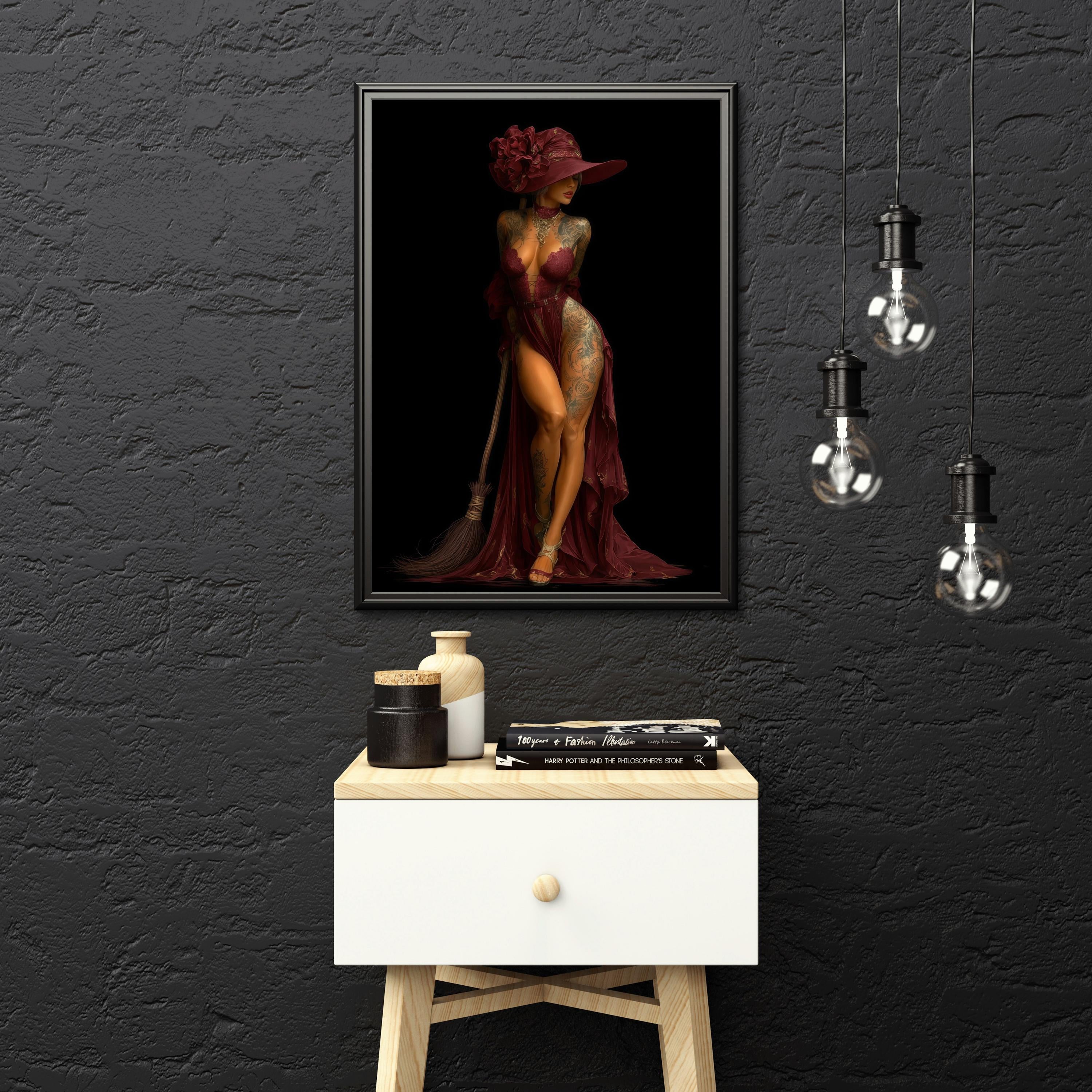 Enchanting tattooed beauty in red witch ensemble: corseted top, draped skirt, oversized hat with bloom, broom prop, poised mysteriously in shadows.