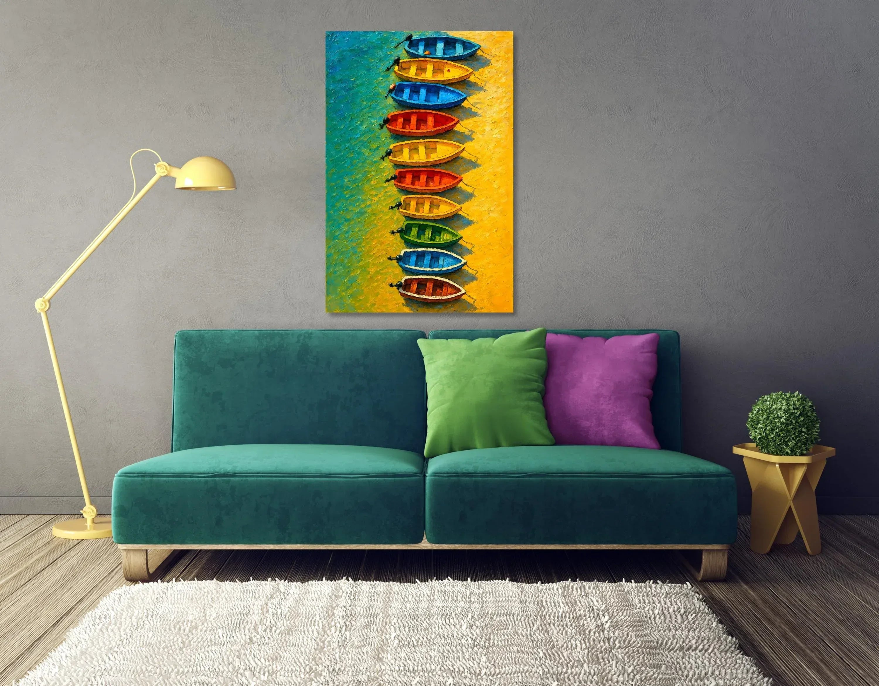 Seaside Row Boats Art Print: Vibrant Coastal Painting on Canvas - AffinityArts 