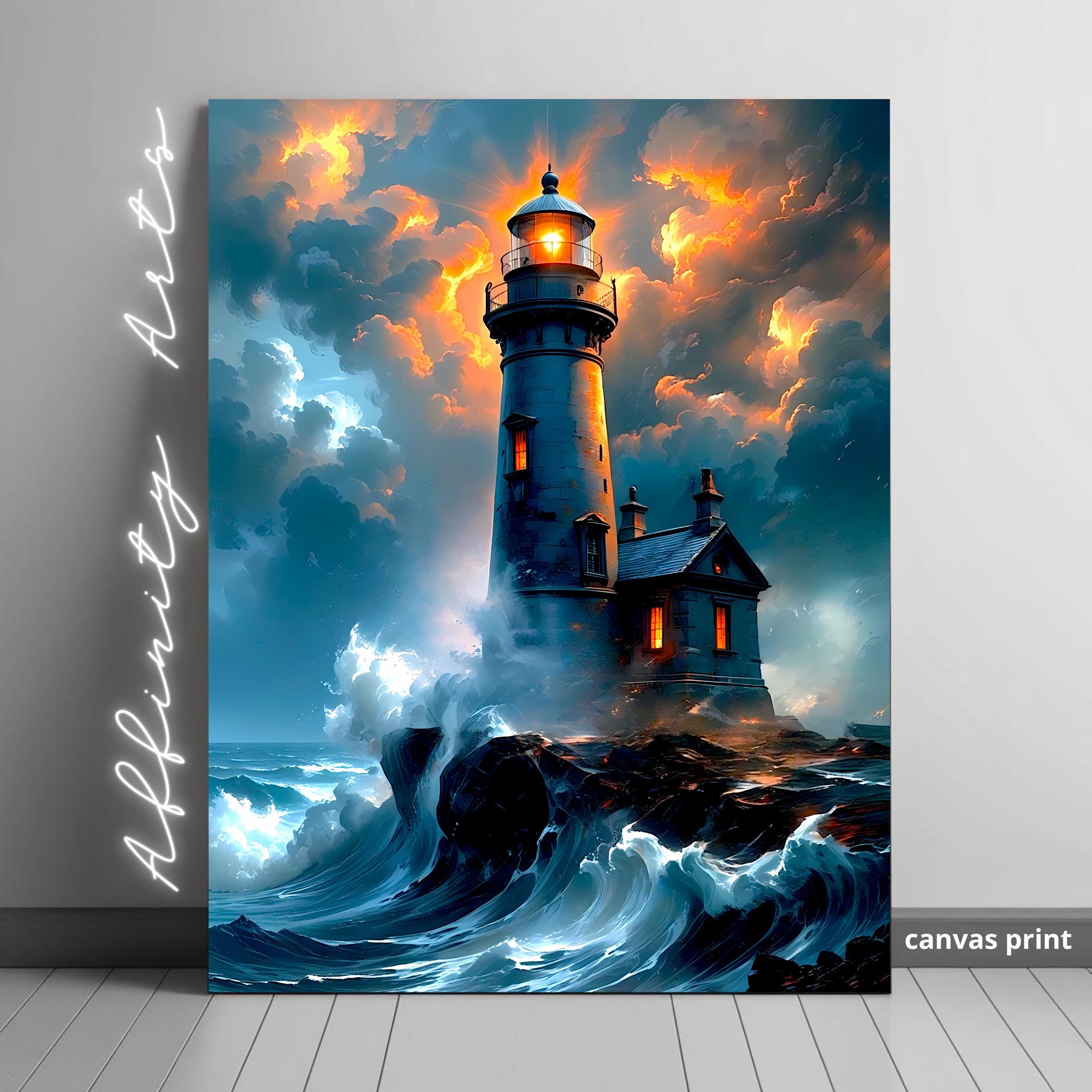 Stormy lighthouse at dusk: Tower glows warmly against turbulent sea, dark rocks, and swirling blue-gray skies.
