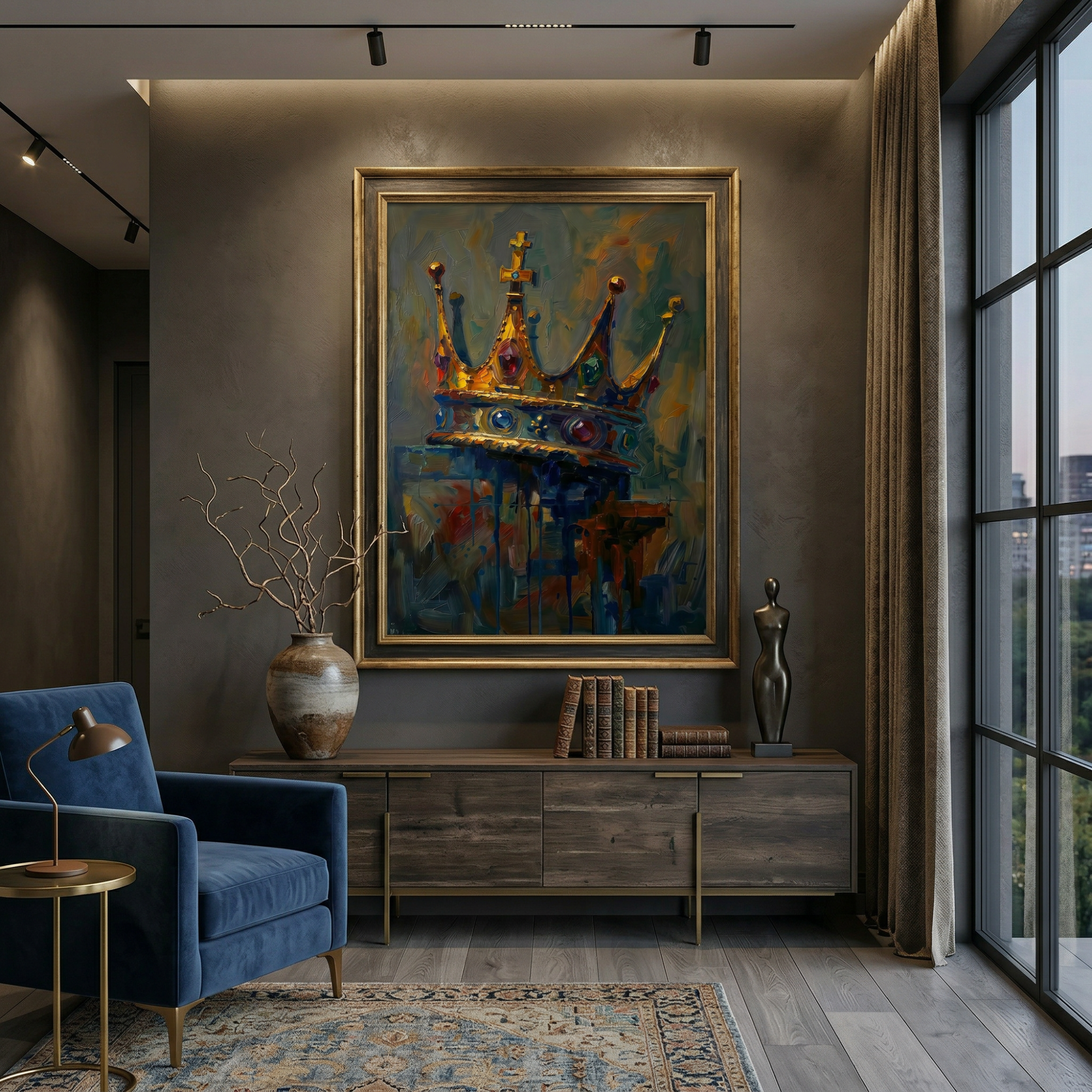 Bold oil painting of a king's crown with cross topper, rich gold and deep navy tones