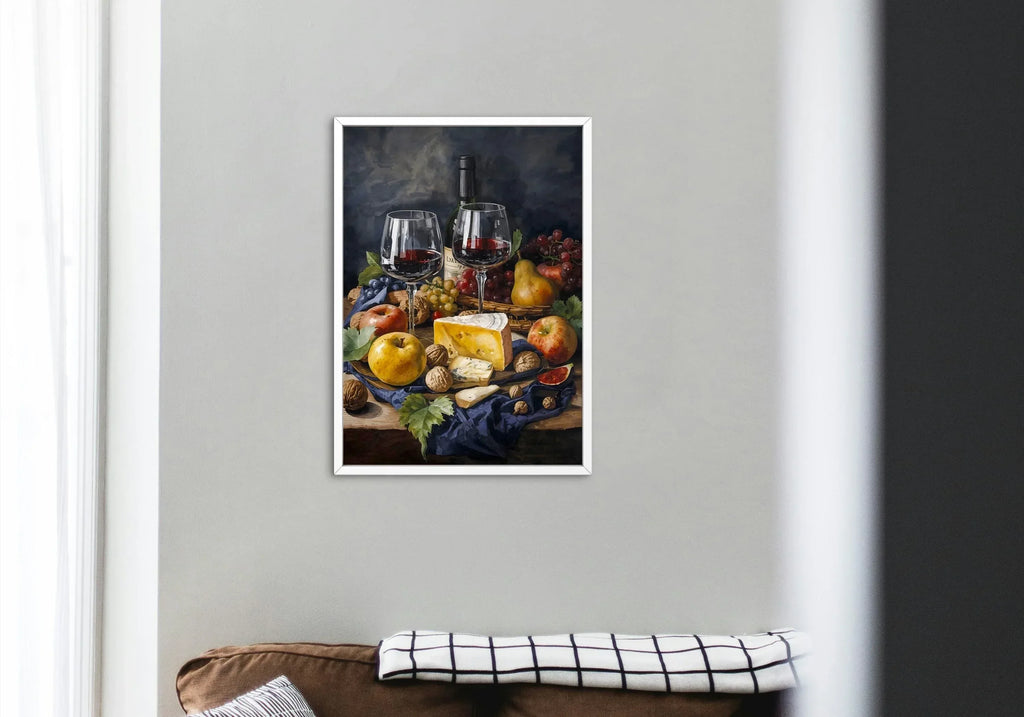 Watercolor Still Life Wine and Cheese Poster Print | Kitchen Dining Wall Art | Digital Download - AffinityArts 