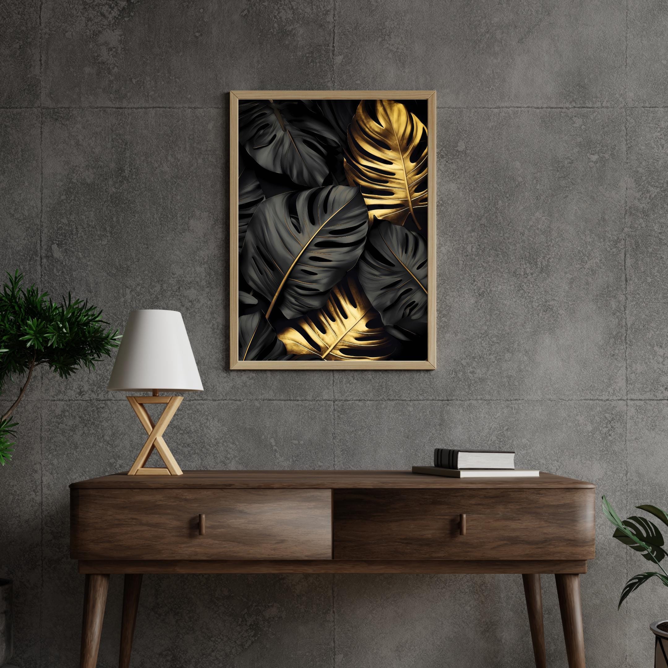 Black and Gold Monstera Leaf Wall Art: Botanical Print, Modern Decor AffinityArts