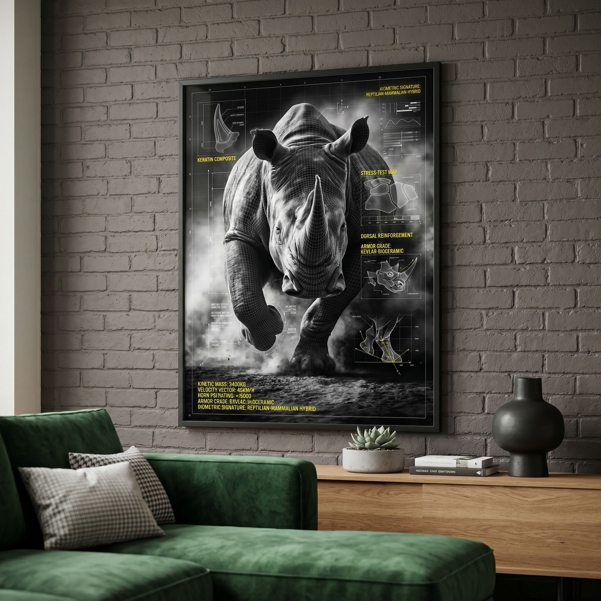 charging rhino, blueprint poster, scifi home decor, black white animal anatomy