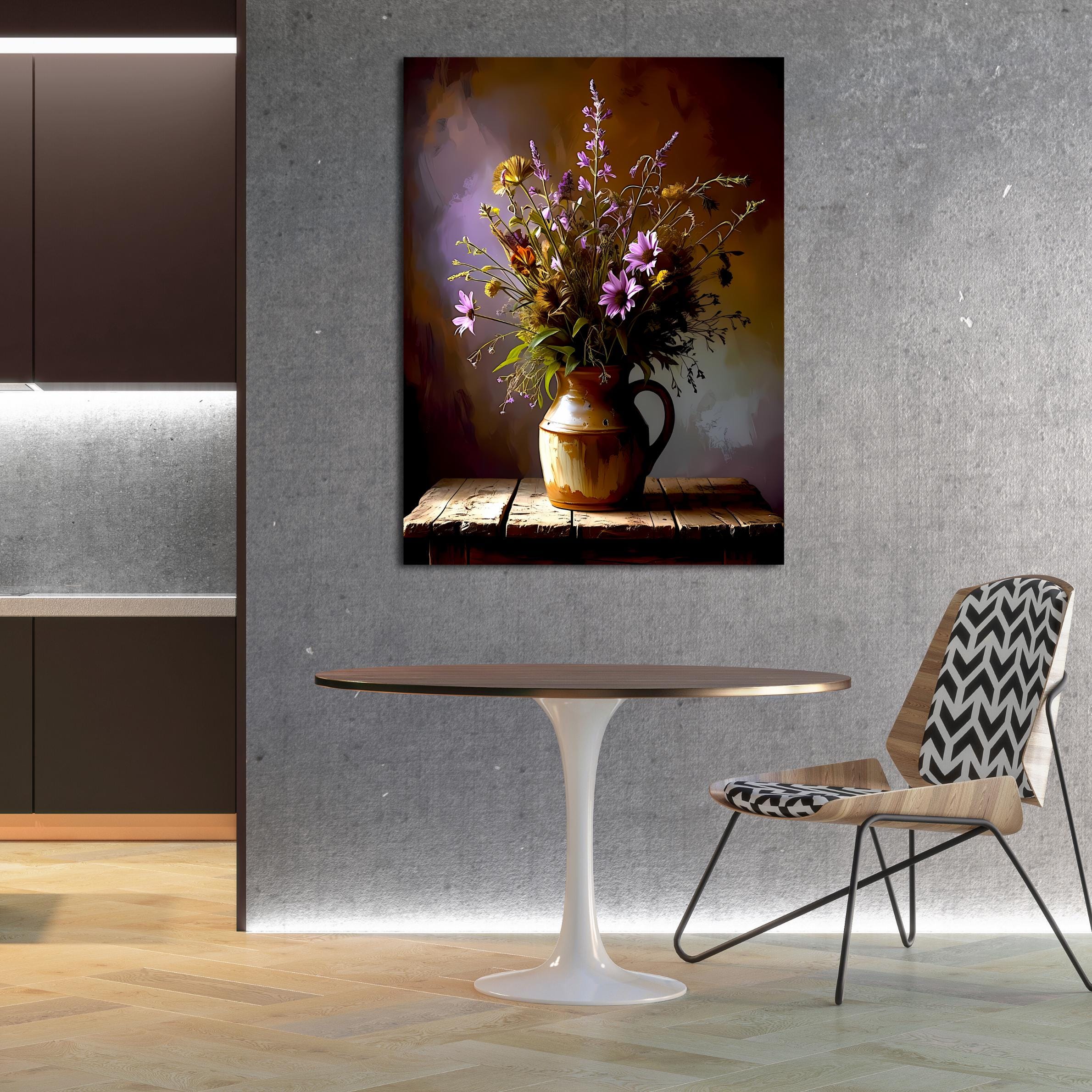 Moody floral composition in a terracotta pitcher on a weathered wooden surface.
