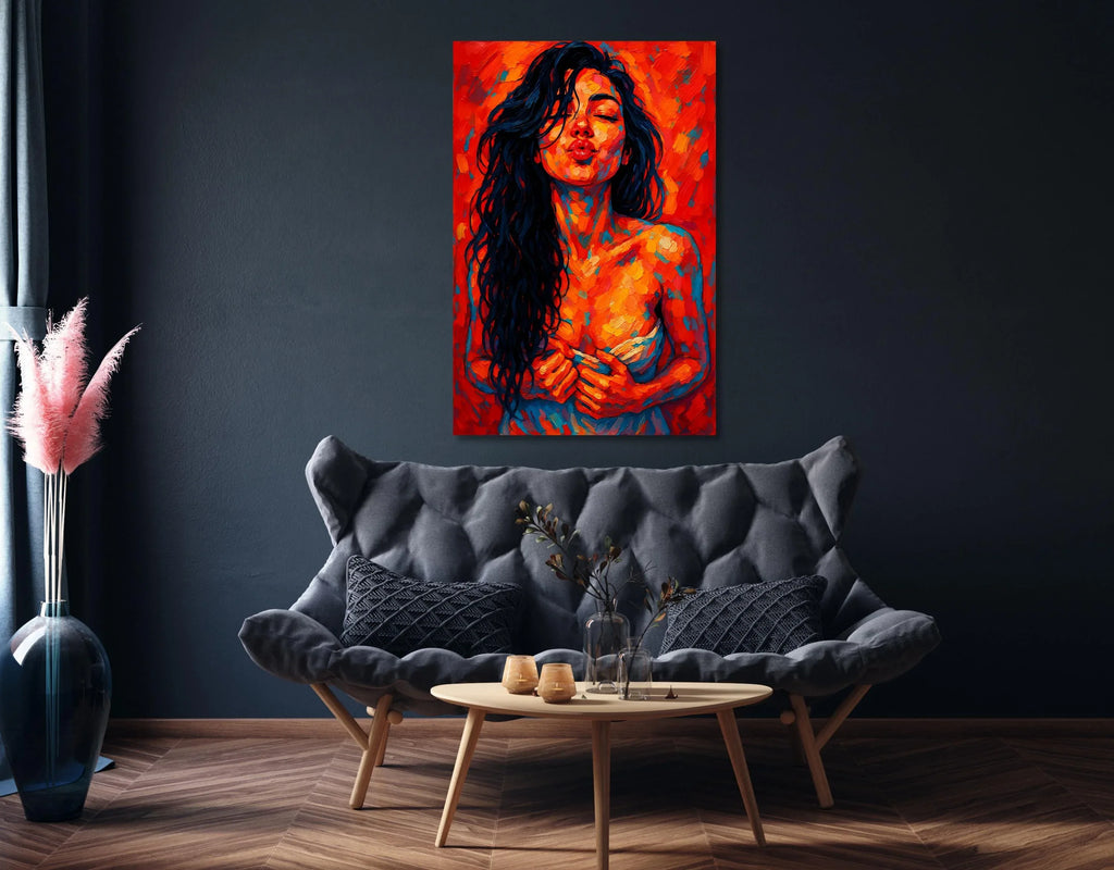 Abstract Kiss Portrait: Vibrant Expressionist Woman Art Print - AffinityArts 