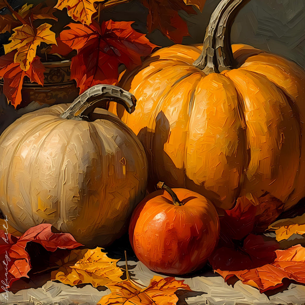 Decorative fall arrangement featuring orange and white pumpkins, an apple, and bright maple leaves.