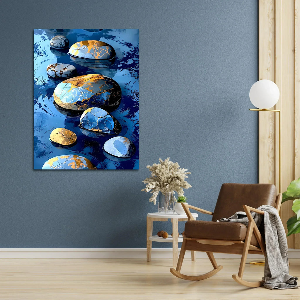 Kintsugi Stone Wall Art - Blue Gold Zen River Rocks Canvas Print - AffinityArts 