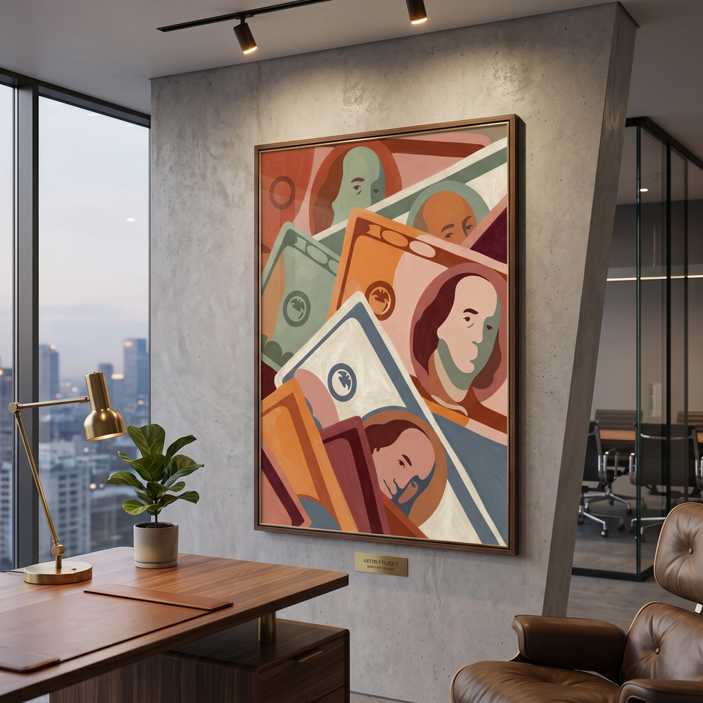 Money wall art print – flat graphic dollar bill illustration, terracotta sage and steel blue, archival matte or canvas