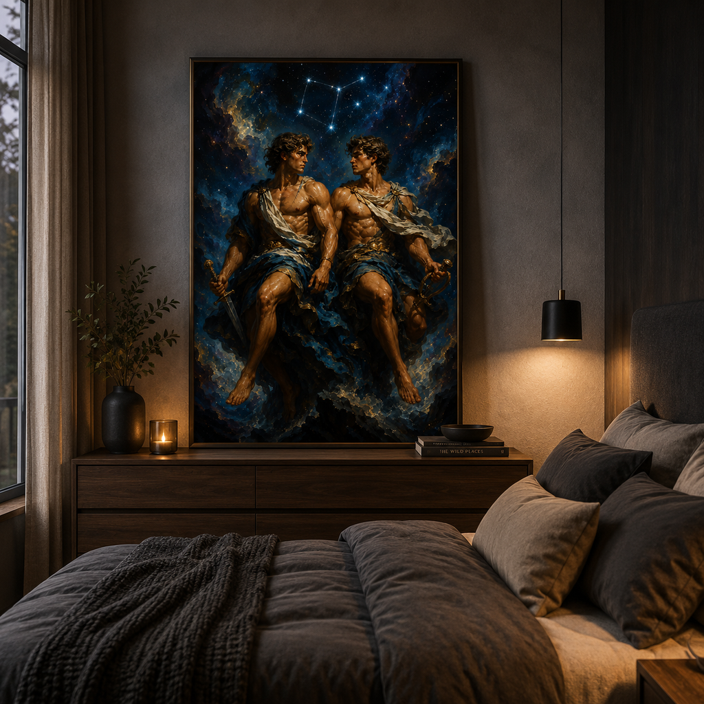 Astrology art piece capturing the duality and bond of the Gemini sign