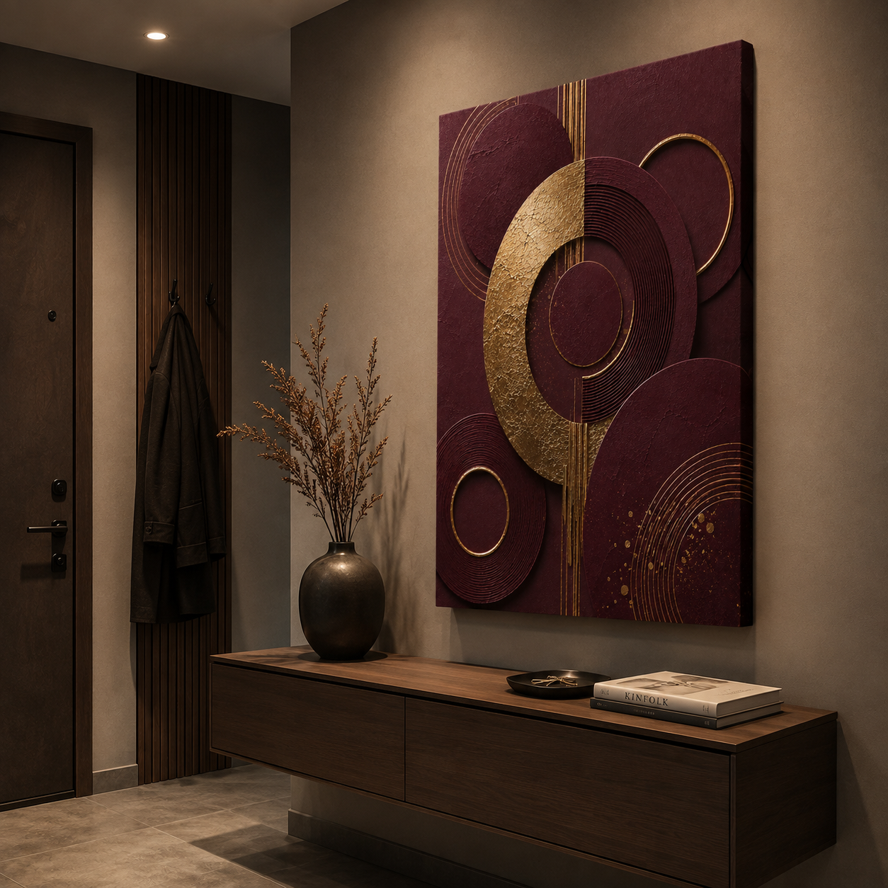 Burgundy canvas print faux gold texture wall art gallery wrap, jewel-tone ring design for rich statement décor.