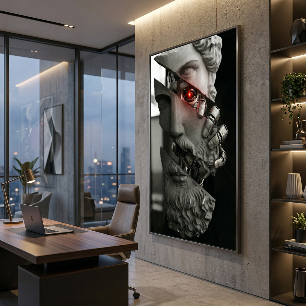 The red eye watches the whole setup — moody wall art for gaming rooms that take aesthetics seriously