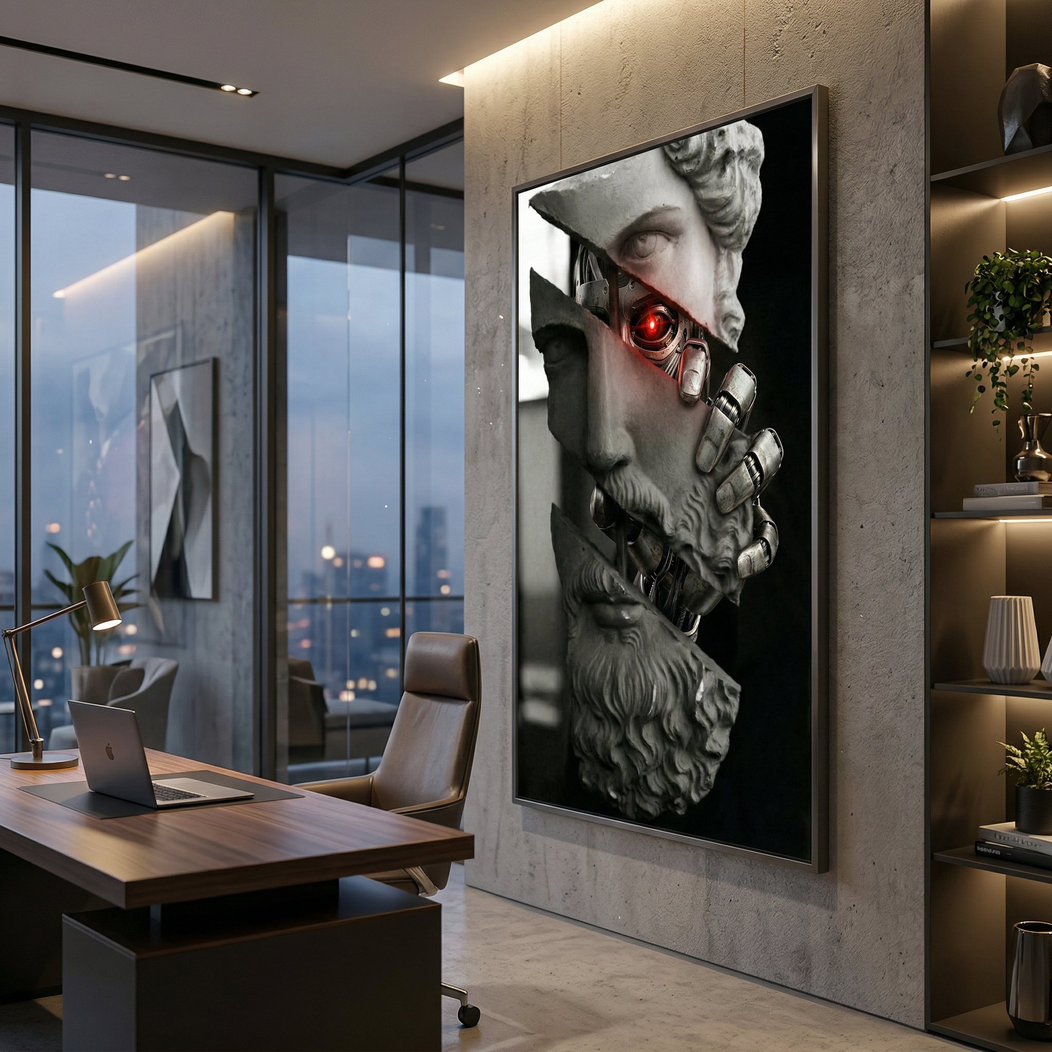The red eye watches the whole setup — moody wall art for gaming rooms that take aesthetics seriously