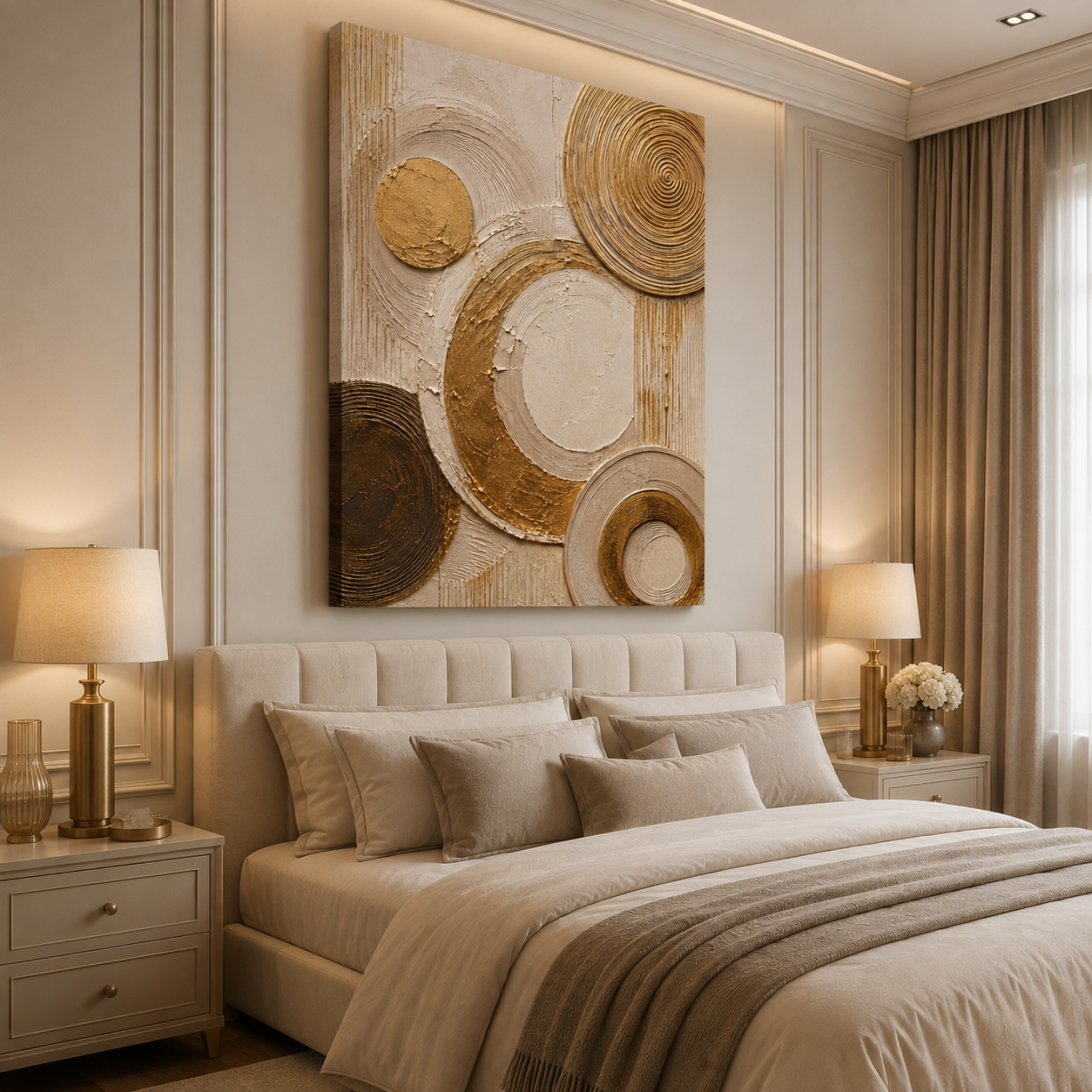 Canvas: Ivory canvas print faux gold texture wall art gallery wrap, abstract circular plaster-effect design for modern home décor