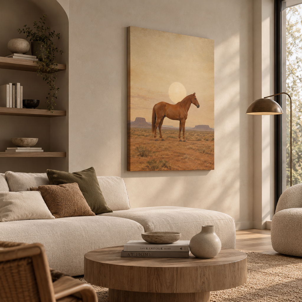 Horse and desert sun print hung above a sofa in a warm neutral living room