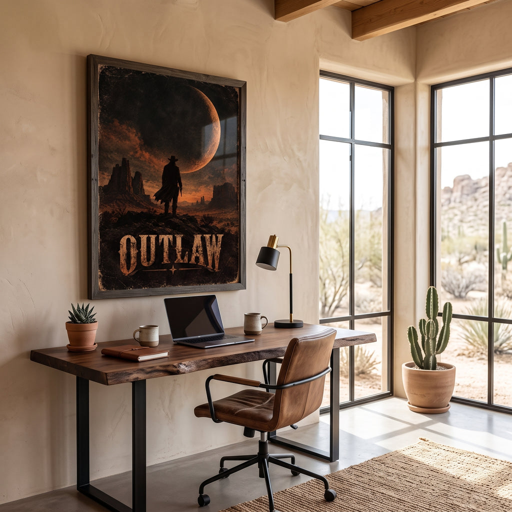 Thick matte poster print of a desert outlaw, shown in a size comparison with a room scene