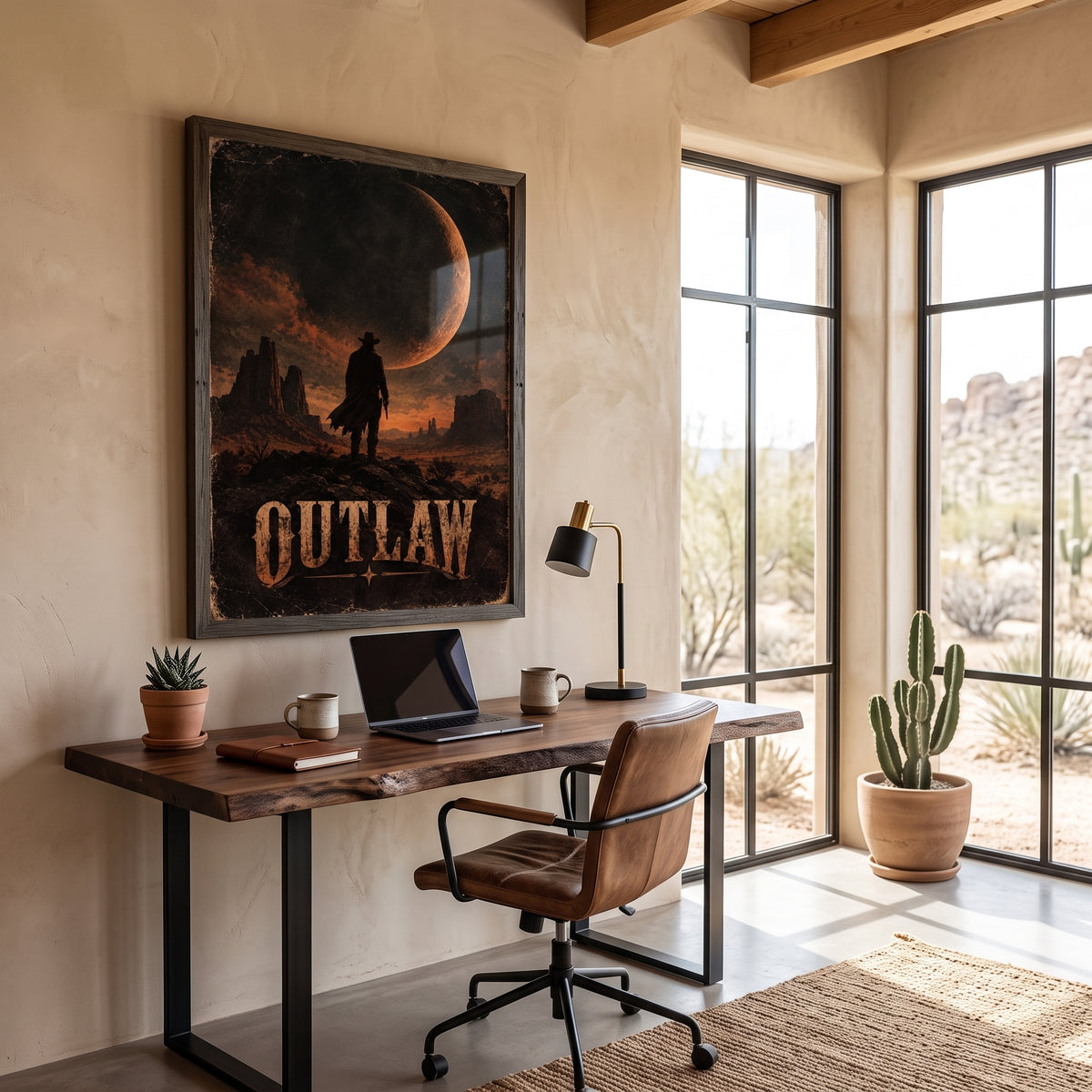 Thick matte poster print of a desert outlaw, shown in a size comparison with a room scene