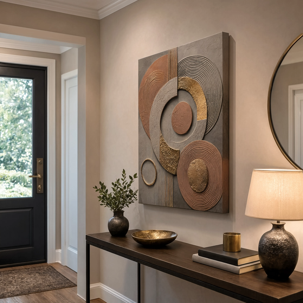 Terracotta canvas print faux gold texture wall art gallery wrap, warm earthy circle design for cozy home décor